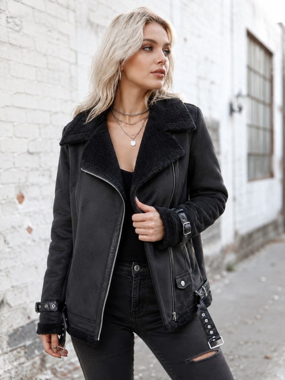 Max Edition Women's Faux Shearling Moto Oversized Biker coat in black. Size L